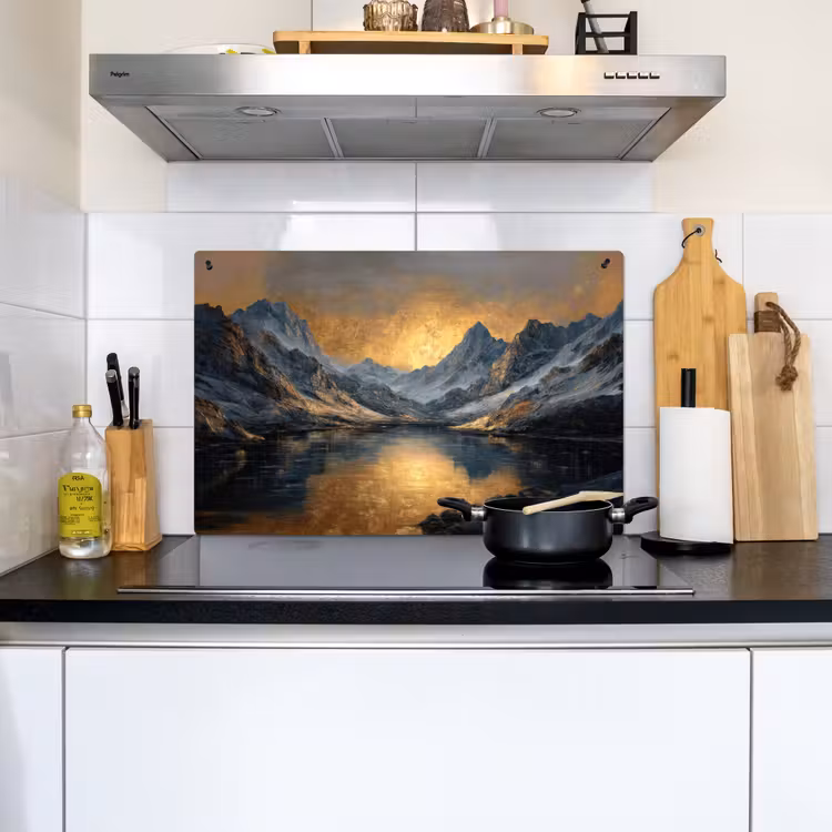 2-in-1 Herdabdeckplatte & Spritzschutz - Bergkulisse mit goldenem Sonnenuntergang - Berglandschap met Gouden Zonsondergang Inductie beschemer met haakjes klein