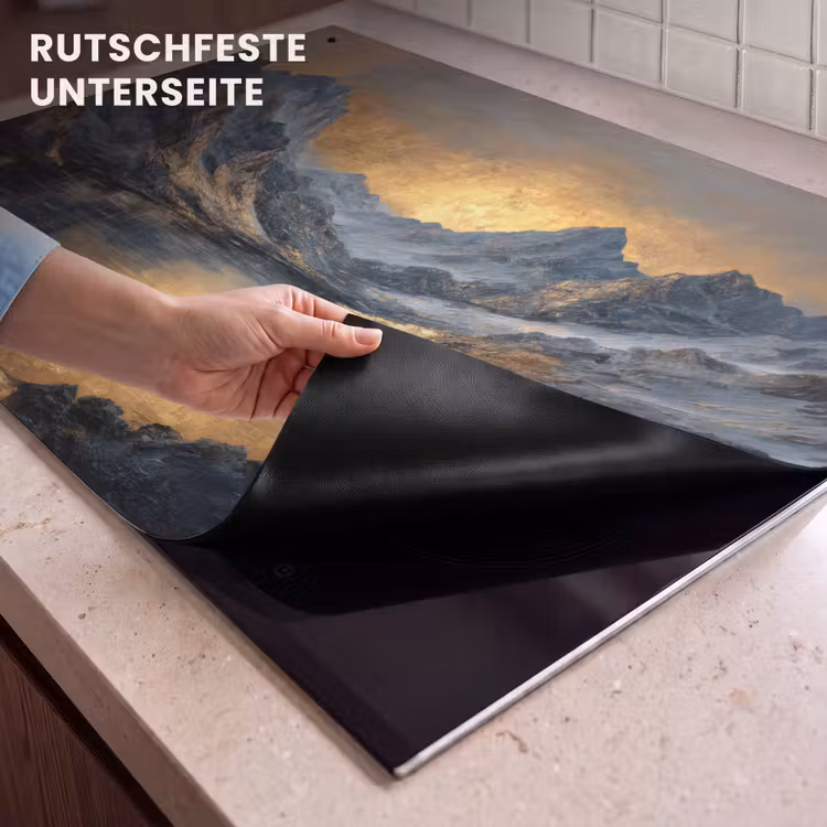 2-in-1 Herdabdeckplatte & Spritzschutz - Bergkulisse mit goldenem Sonnenuntergang - Berglandschap met Gouden Zonsondergang Inductie beschemer met haakjes klein