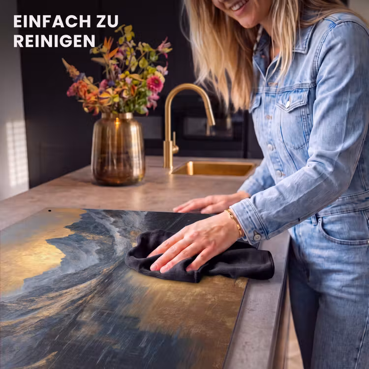 2-in-1 Herdabdeckplatte & Spritzschutz - Bergkulisse mit goldenem Sonnenuntergang - Berglandschap met Gouden Zonsondergang Inductie beschemer met haakjes klein