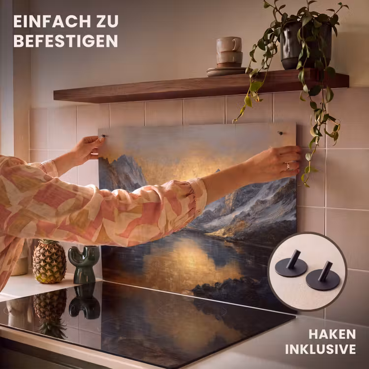 2-in-1 Herdabdeckplatte & Spritzschutz - Bergkulisse mit goldenem Sonnenuntergang - Berglandschap met Gouden Zonsondergang Inductie beschemer met haakjes klein