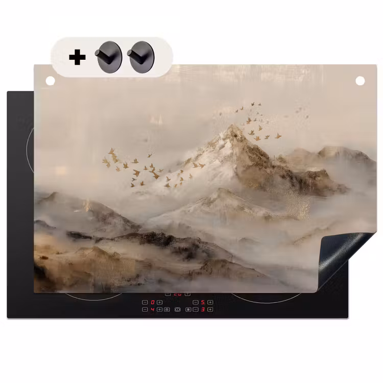 2-in-1 Herdabdeckplatte & Spritzschutz - Berglandschaft - Nebel - Pinselstriche - Berglandschap - Mist - Penseelstreken Inductie beschemer met haakjes klein