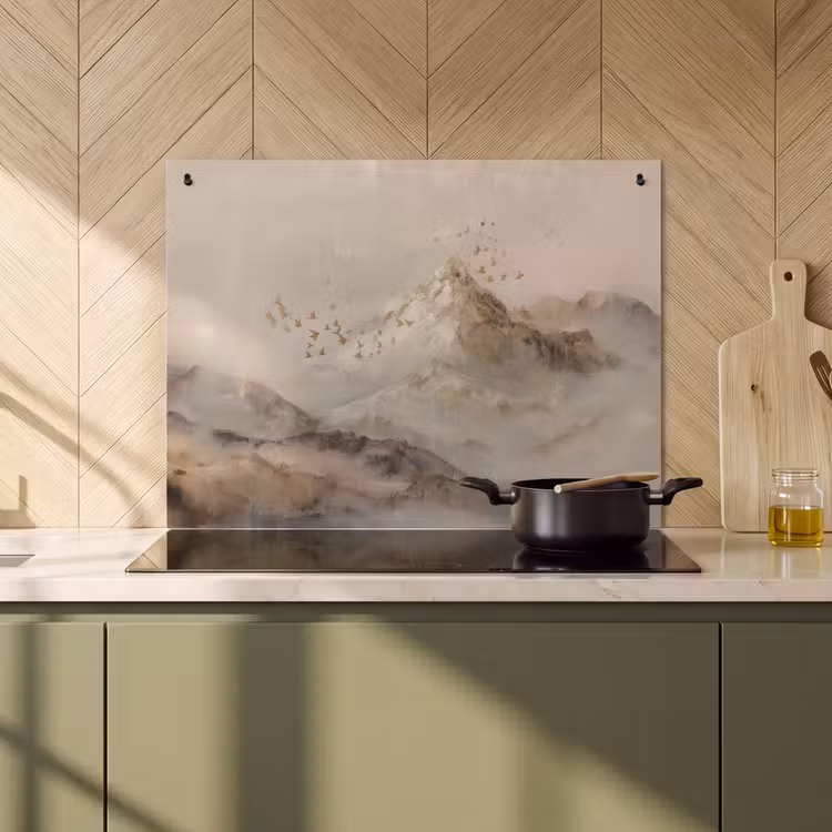 2-in-1 Herdabdeckplatte & Spritzschutz - Berglandschaft - Nebel - Pinselstriche - Berglandschap - Mist - Penseelstreken Inductie beschemer met haakjes klein