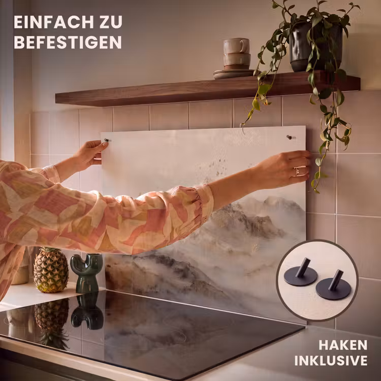2-in-1 Herdabdeckplatte & Spritzschutz - Berglandschaft - Nebel - Pinselstriche - Berglandschap - Mist - Penseelstreken Inductie beschemer met haakjes klein