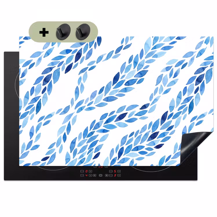 Bladeren - Aquarel - Patroon - Modern - Blauw Inductie beschemer met haakjes klein -3d