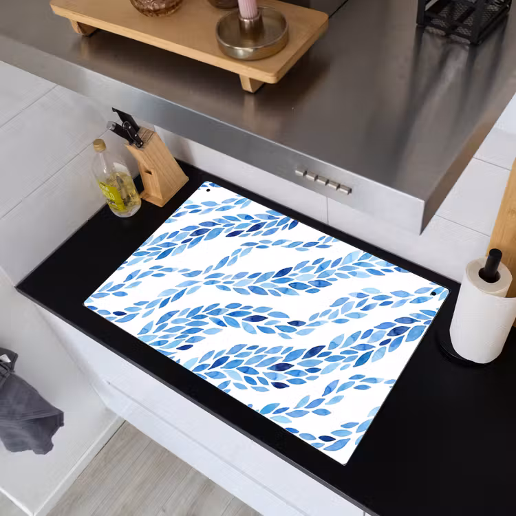 Bladeren - Aquarel - Patroon - Modern - Blauw Inductie beschemer met haakjes klein -sfeer1