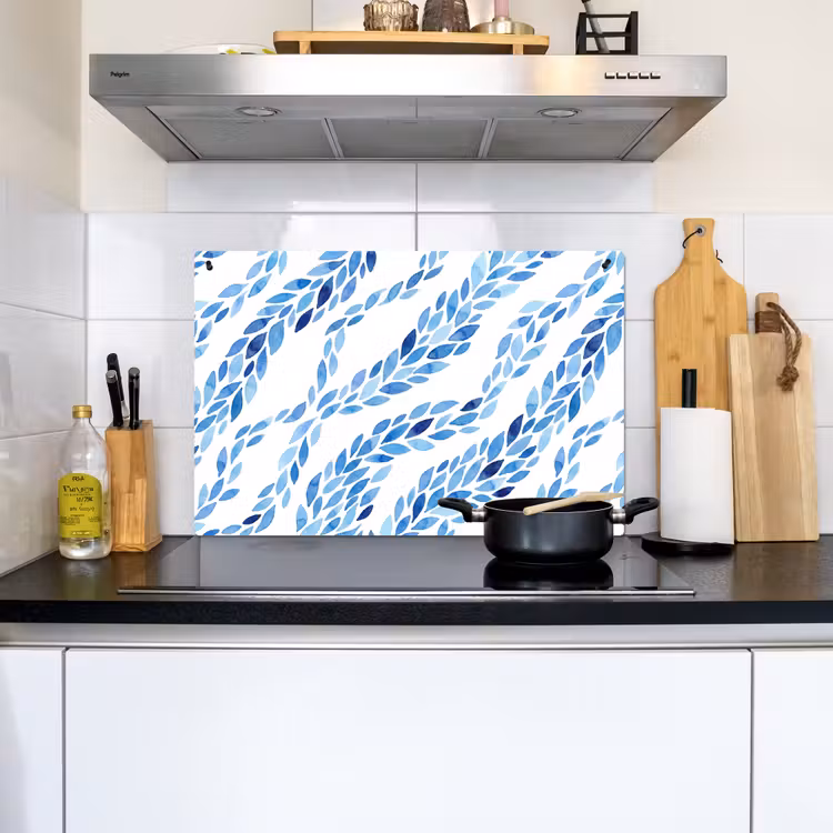 Bladeren - Aquarel - Patroon - Modern - Blauw Inductie beschemer met haakjes klein -sfeer2