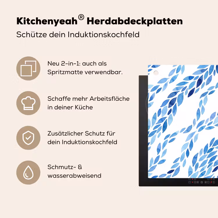 Bladeren - Aquarel - Patroon - Modern - Blauw Inductie beschemer met haakjes klein -ky-usp-de