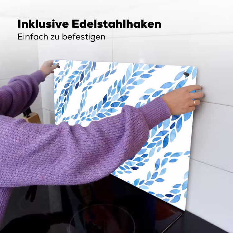Bladeren - Aquarel - Patroon - Modern - Blauw Inductie beschemer met haakjes klein -ky-ophangen-de