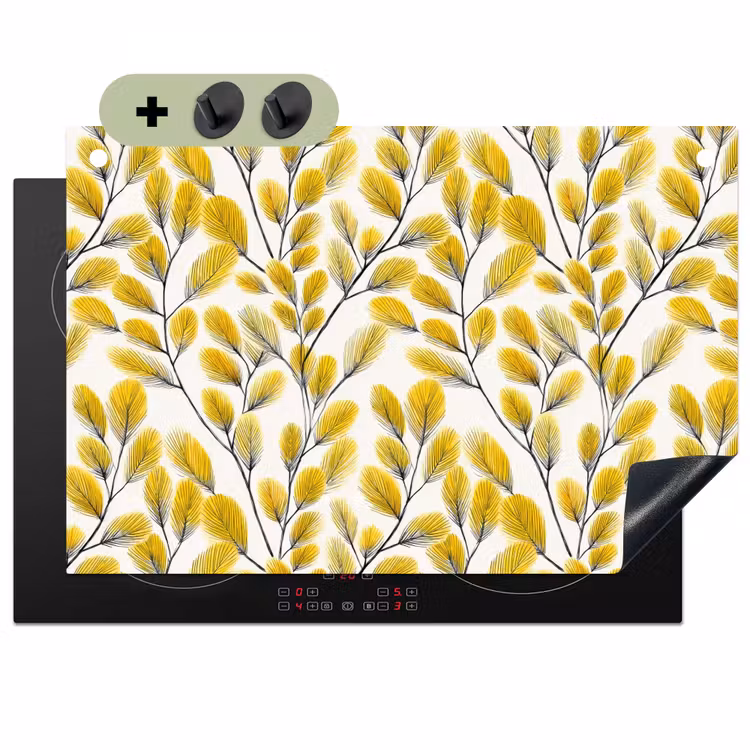 Bladeren - Botanisch - Elegant - Geel - Zwart Inductie beschemer met haakjes klein 777 -3d