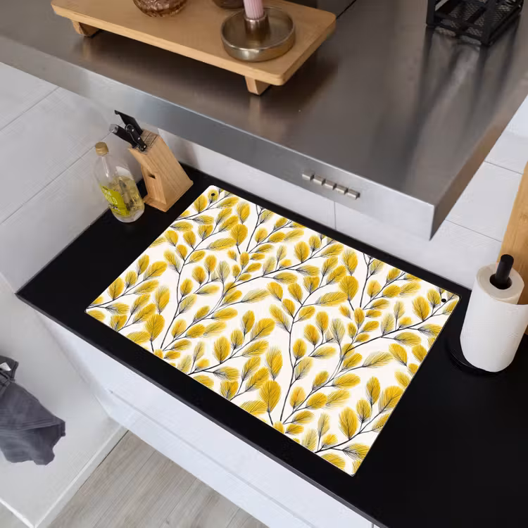 Bladeren - Botanisch - Elegant - Geel - Zwart Inductie beschemer met haakjes klein 777 -sfeer1