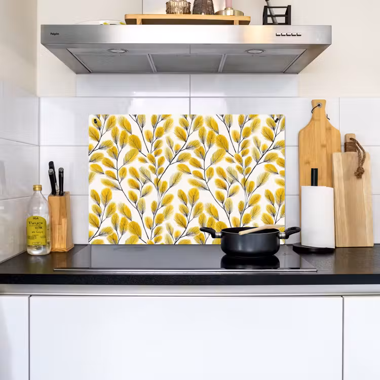 Bladeren - Botanisch - Elegant - Geel - Zwart Inductie beschemer met haakjes klein 777 -sfeer2