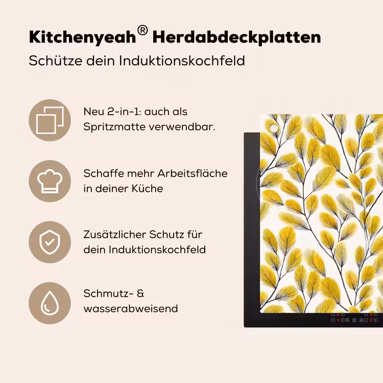 Bladeren - Botanisch - Elegant - Geel - Zwart Inductie beschemer met haakjes klein 777 -ky-usp-de