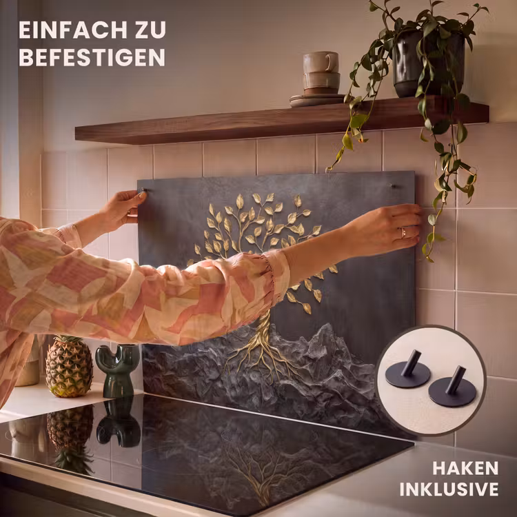 2-in-1 Herdabdeckplatte & Spritzschutz - Blätter - Gold - Baum - Fels - Bladeren - Goud - Boom - Rots Inductie beschemer met haakjes klein