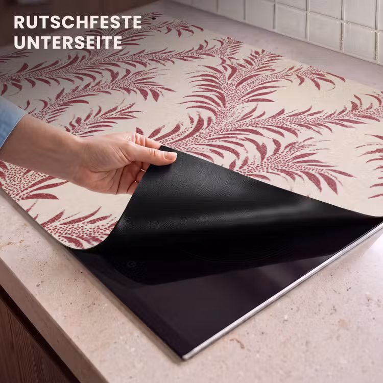 2-in-1 Herdabdeckplatte & Spritzschutz - Blätter - Leinen - Rot - Bladeren - Linnen - Rood Inductie beschemer met haakjes klein 777