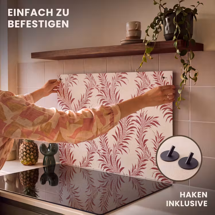 2-in-1 Herdabdeckplatte & Spritzschutz - Blätter - Leinen - Rot - Bladeren - Linnen - Rood Inductie beschemer met haakjes klein 777