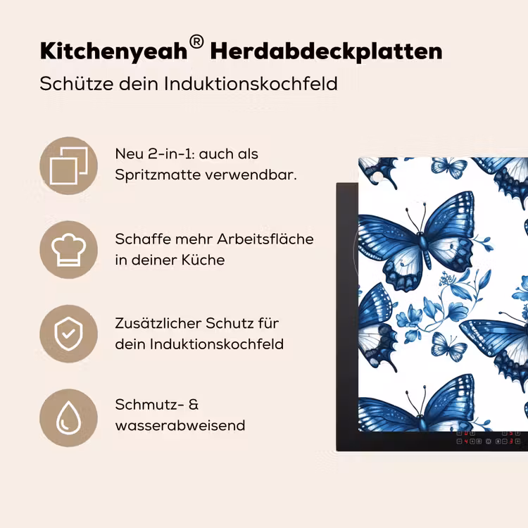 Blauw - Vlinders - Bloemen - Wit Inductie beschemer met haakjes klein 777 -ky-usp-de