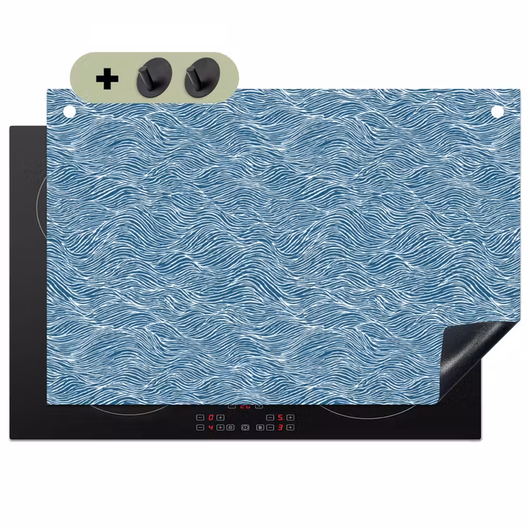 Blauw - Wit - Golven - Getekend - Textuur Inductie beschemer met haakjes klein 777 -3d