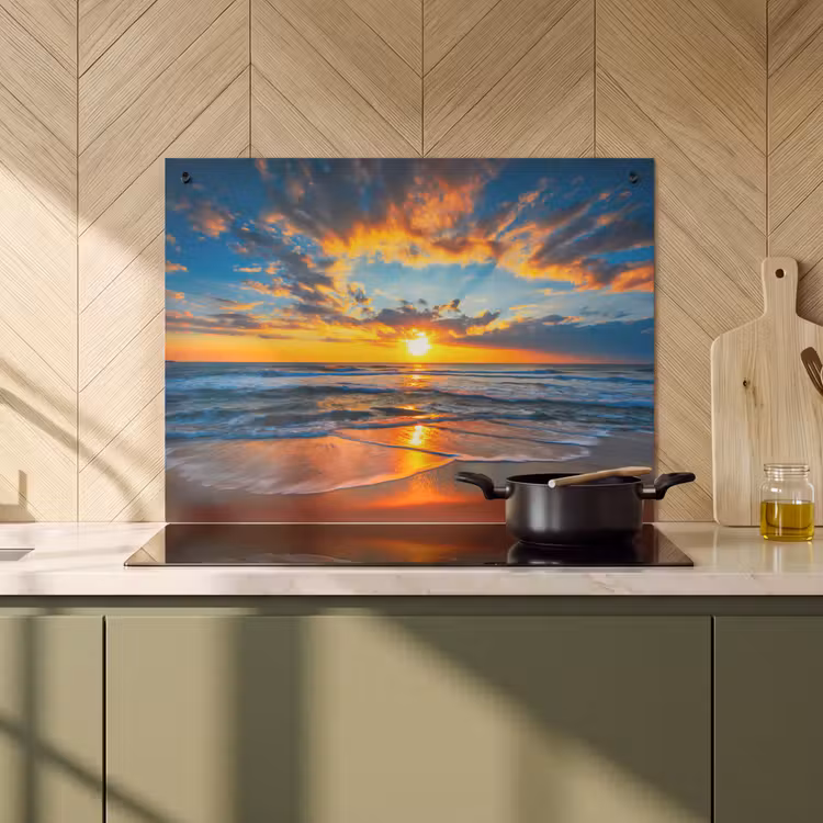 2-in-1 Herdabdeckplatte & Spritzschutz - Blendung der Wellen bei Sonnenuntergang - Schittering op de Golven bij Zonsondergang Inductie beschemer met haakjes klein