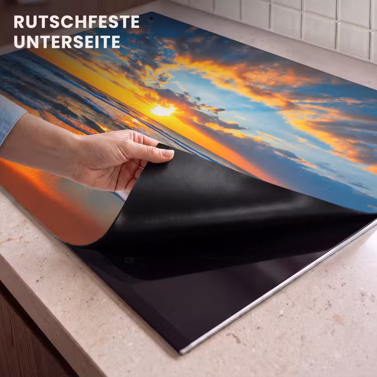 2-in-1 Herdabdeckplatte & Spritzschutz - Blendung der Wellen bei Sonnenuntergang - Schittering op de Golven bij Zonsondergang Inductie beschemer met haakjes klein