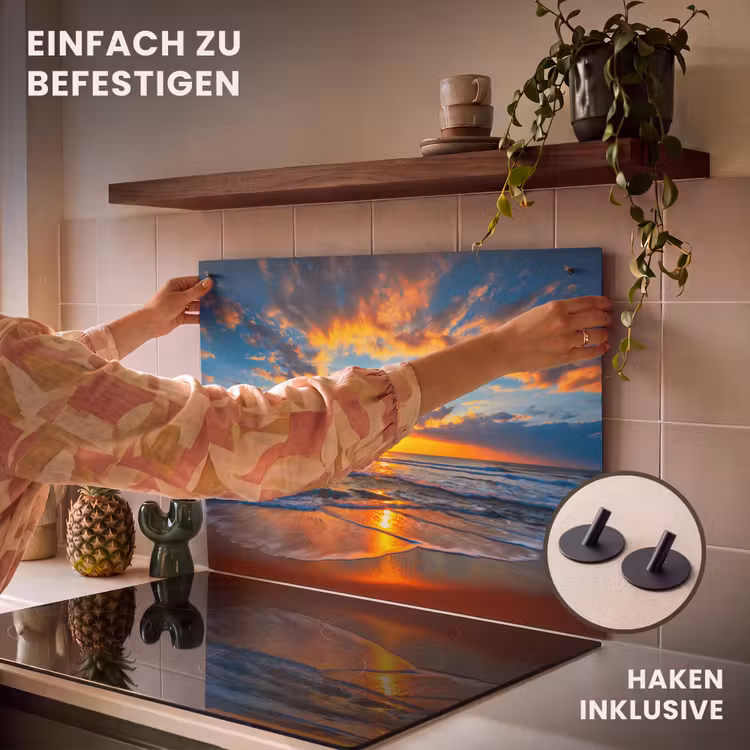 2-in-1 Herdabdeckplatte & Spritzschutz - Blendung der Wellen bei Sonnenuntergang - Schittering op de Golven bij Zonsondergang Inductie beschemer met haakjes klein