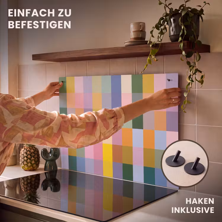 2-in-1 Herdabdeckplatte & Spritzschutz - Blöcke - Quadratisch - Gemustert - Farbig - Blokken - Vierkant - Patroon - Gekleurd Inductie beschemer met haakjes klein