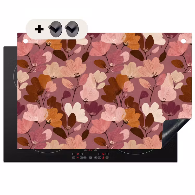 2-in-1 Herdabdeckplatte & Spritzschutz - Blume - Muster - Rosa - Bloem - Patroon - Roze Inductie beschemer met haakjes klein 777