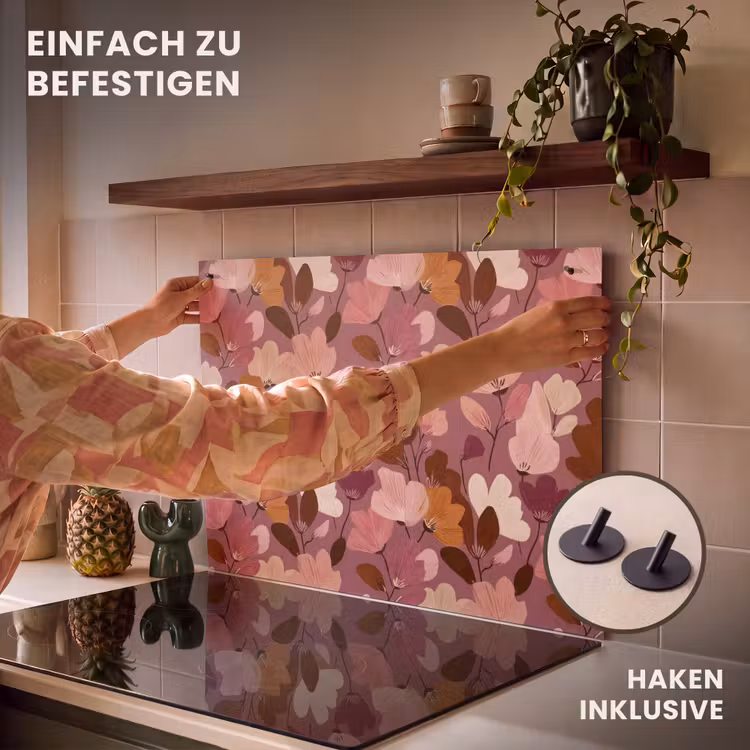 2-in-1 Herdabdeckplatte & Spritzschutz - Blume - Muster - Rosa - Bloem - Patroon - Roze Inductie beschemer met haakjes klein 777
