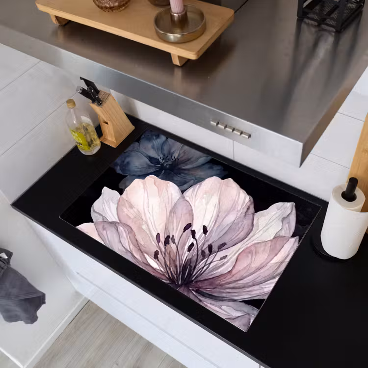 Bloemen - Aquarel - Modern - Roze - Donker Inductie beschemer met haakjes klein -sfeer1