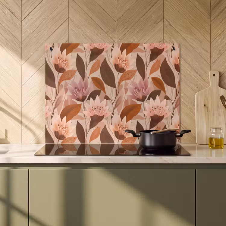 2-in-1 Herdabdeckplatte & Spritzschutz - Blumen - Blätter - Braun - Bloemen - Bladeren - Bruin Inductie beschemer met haakjes klein 777