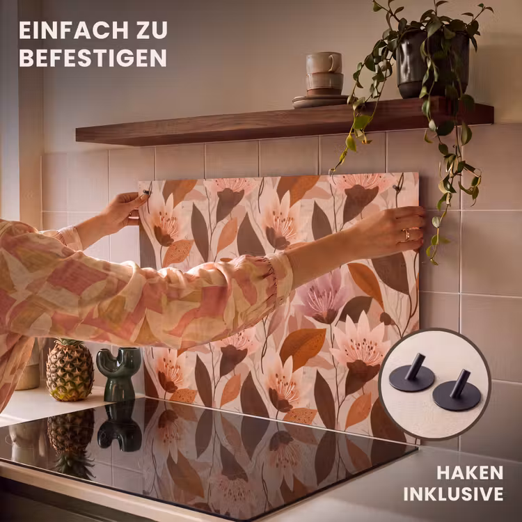 2-in-1 Herdabdeckplatte & Spritzschutz - Blumen - Blätter - Braun - Bloemen - Bladeren - Bruin Inductie beschemer met haakjes klein 777