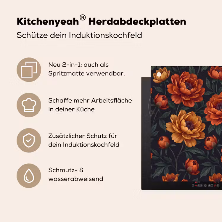Bloemen - Bladeren - Natuur - Modern - Oranje Inductie beschemer met haakjes klein -ky-usp-de