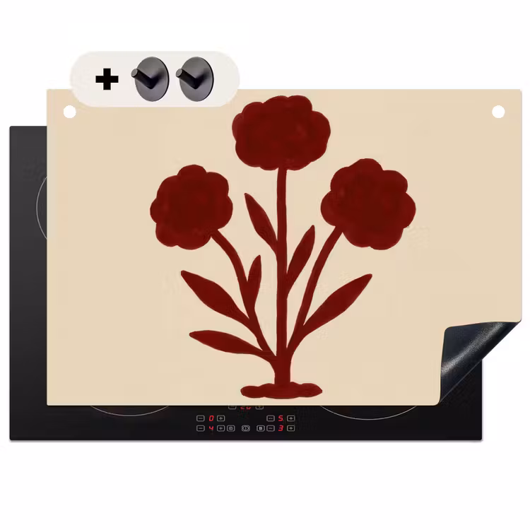 2-in-1 Herdabdeckplatte & Spritzschutz - Blumen - Blätter - Rot - Minimalistisch - Bloemen - Bladeren - Rood - Minimalistisch Inductie beschemer met haakjes klein