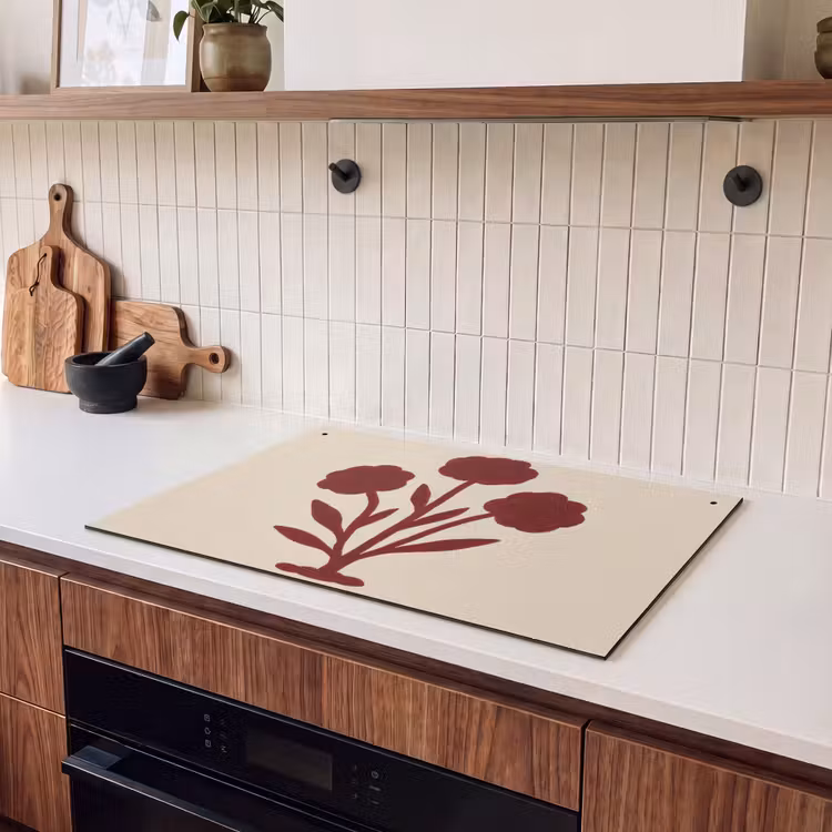 2-in-1 Herdabdeckplatte & Spritzschutz - Blumen - Blätter - Rot - Minimalistisch - Bloemen - Bladeren - Rood - Minimalistisch Inductie beschemer met haakjes klein