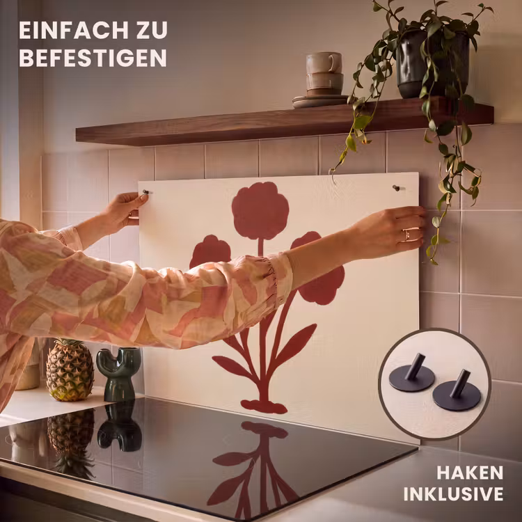 2-in-1 Herdabdeckplatte & Spritzschutz - Blumen - Blätter - Rot - Minimalistisch - Bloemen - Bladeren - Rood - Minimalistisch Inductie beschemer met haakjes klein