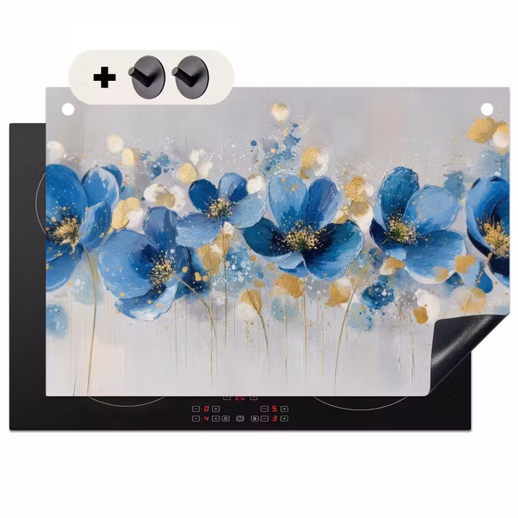 2-in-1 Herdabdeckplatte & Spritzschutz - Blumen - Blau - Abstrakt - Bloemen - Blauw - Abstract Inductie beschemer met haakjes klein