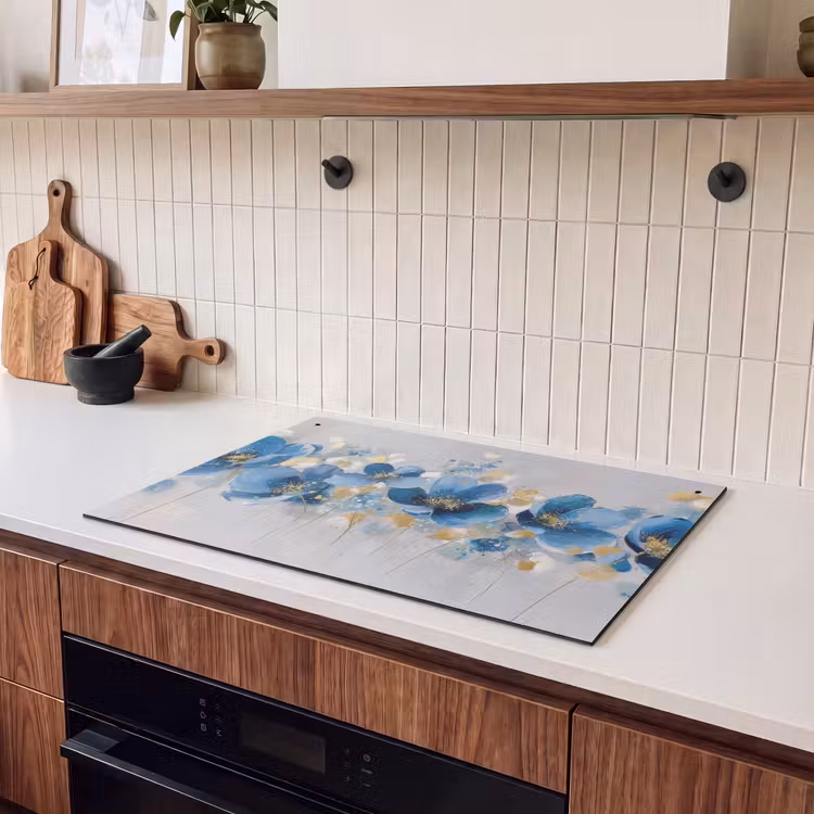 2-in-1 Herdabdeckplatte & Spritzschutz - Blumen - Blau - Abstrakt - Bloemen - Blauw - Abstract Inductie beschemer met haakjes klein