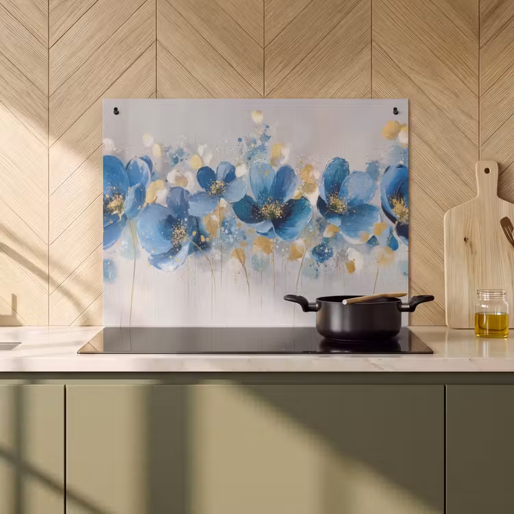 2-in-1 Herdabdeckplatte & Spritzschutz - Blumen - Blau - Abstrakt - Bloemen - Blauw - Abstract Inductie beschemer met haakjes klein