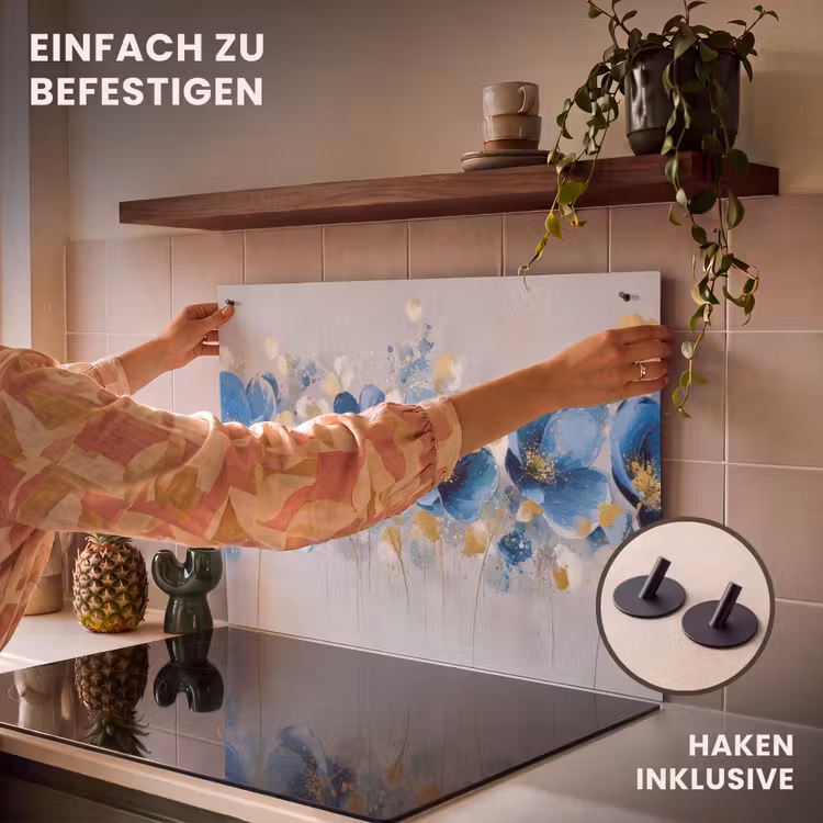 2-in-1 Herdabdeckplatte & Spritzschutz - Blumen - Blau - Abstrakt - Bloemen - Blauw - Abstract Inductie beschemer met haakjes klein