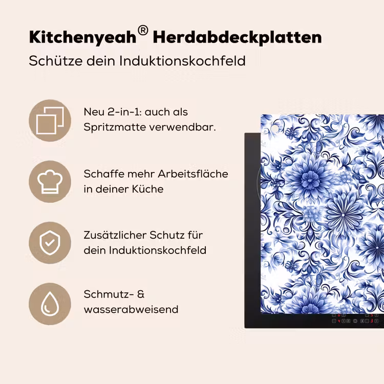 Bloemen - Blauw - Patroon - Wit Inductie beschemer met haakjes klein 777 -ky-usp-de