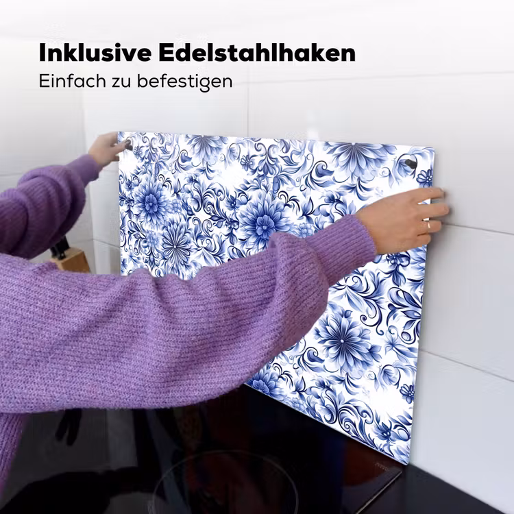Bloemen - Blauw - Patroon - Wit Inductie beschemer met haakjes klein 777 -ky-ophangen-de