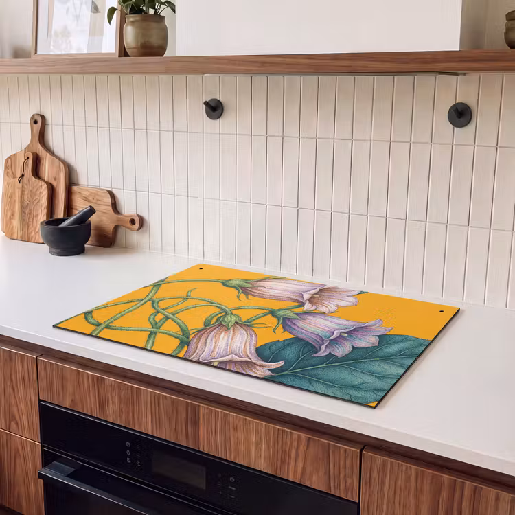 2-in-1 Herdabdeckplatte & Spritzschutz - Blumen – Botanik – Gelb - Bloemen - Botanisch - Geel Inductie beschemer met haakjes klein