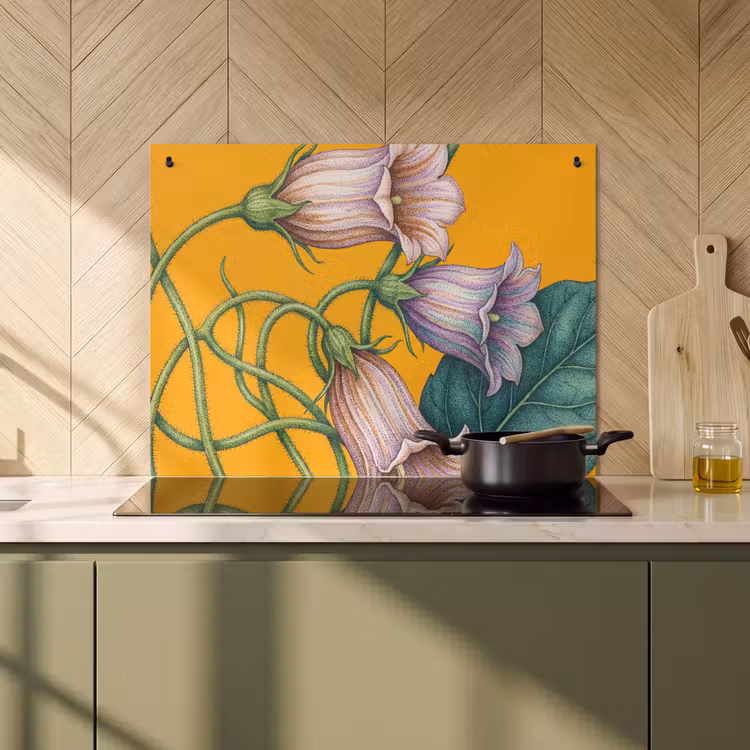 2-in-1 Herdabdeckplatte & Spritzschutz - Blumen – Botanik – Gelb - Bloemen - Botanisch - Geel Inductie beschemer met haakjes klein