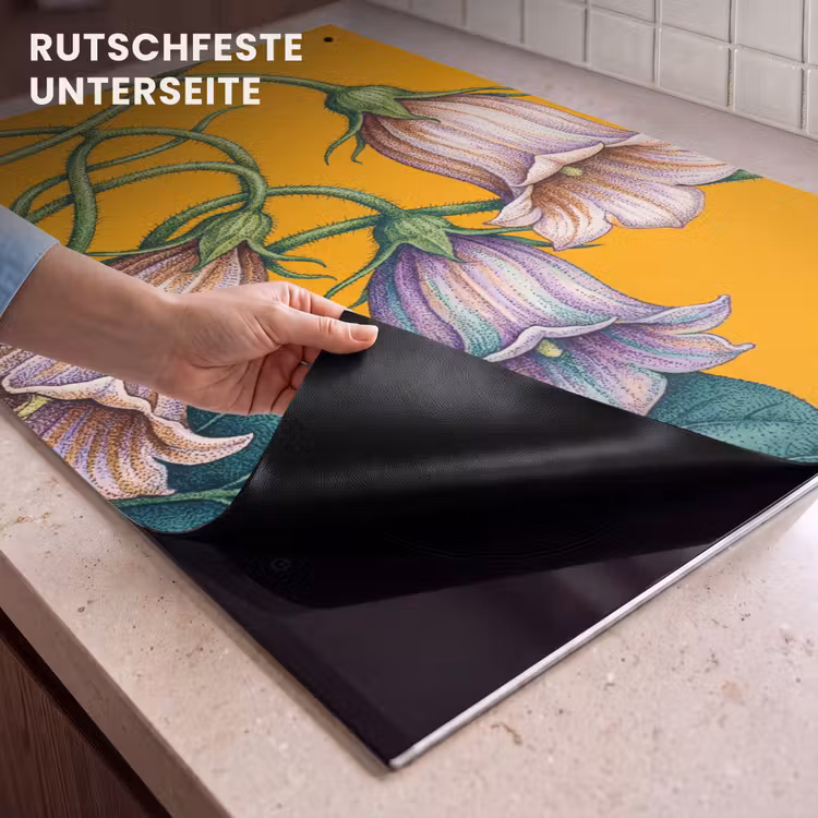 2-in-1 Herdabdeckplatte & Spritzschutz - Blumen – Botanik – Gelb - Bloemen - Botanisch - Geel Inductie beschemer met haakjes klein