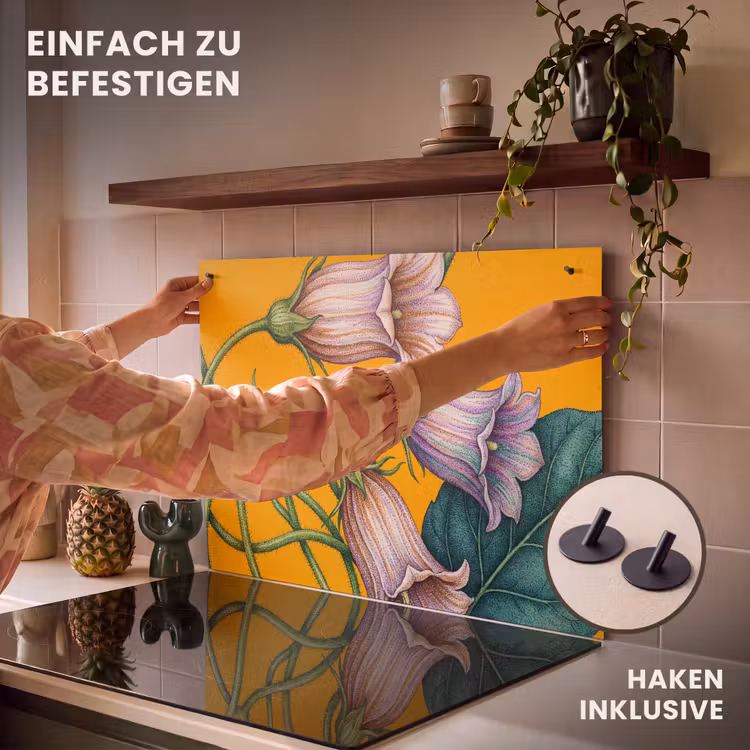 2-in-1 Herdabdeckplatte & Spritzschutz - Blumen – Botanik – Gelb - Bloemen - Botanisch - Geel Inductie beschemer met haakjes klein