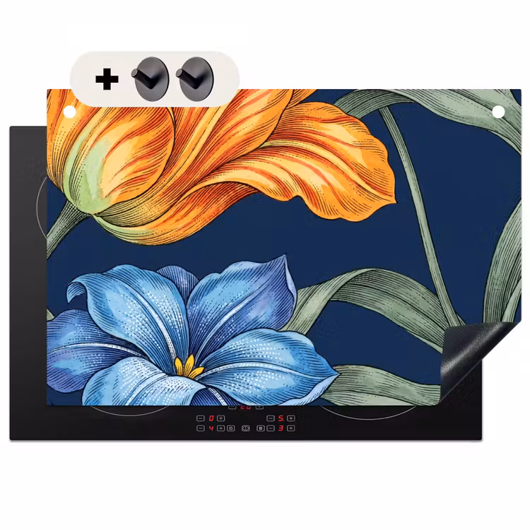 2-in-1 Herdabdeckplatte & Spritzschutz - Blumen – Botanik – Muster - Bloemen - Botanisch - Patroon Inductie beschemer met haakjes klein