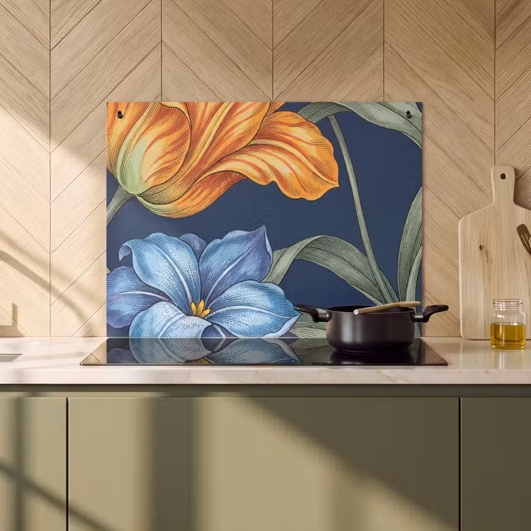 2-in-1 Herdabdeckplatte & Spritzschutz - Blumen – Botanik – Muster - Bloemen - Botanisch - Patroon Inductie beschemer met haakjes klein