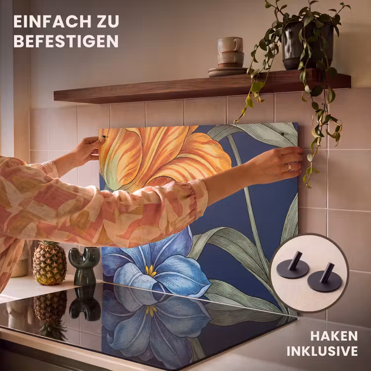 2-in-1 Herdabdeckplatte & Spritzschutz - Blumen – Botanik – Muster - Bloemen - Botanisch - Patroon Inductie beschemer met haakjes klein