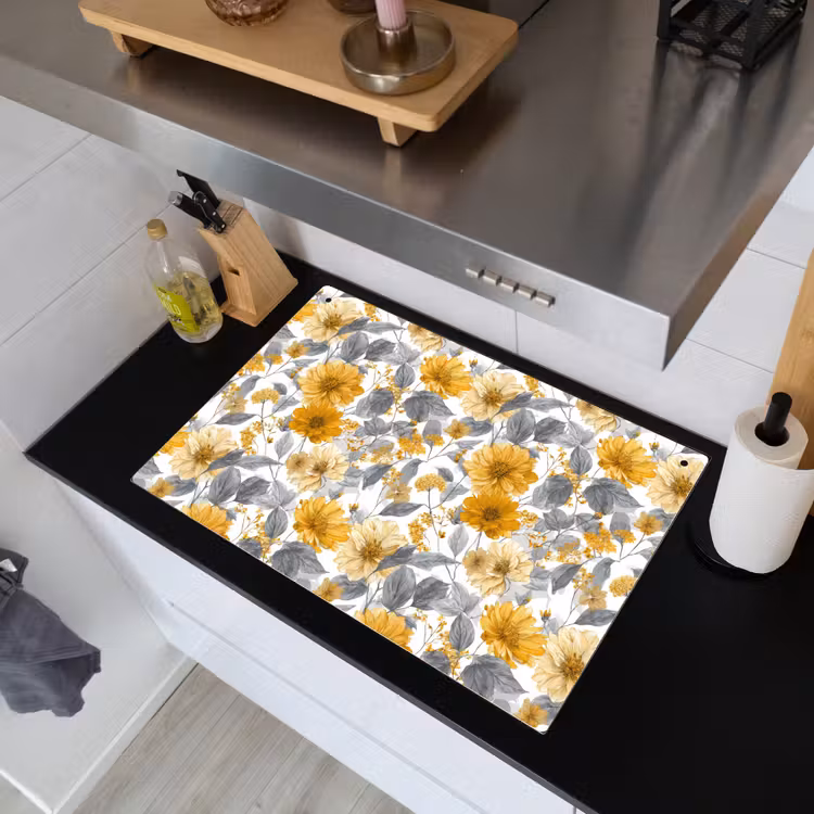 Bloemen - Botanisch - Elegant - Okergeel - Grijs Inductie beschemer met haakjes klein 777 -sfeer1