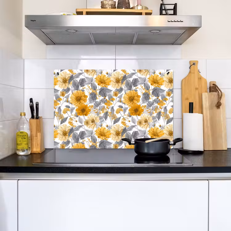 Bloemen - Botanisch - Elegant - Okergeel - Grijs Inductie beschemer met haakjes klein 777 -sfeer2