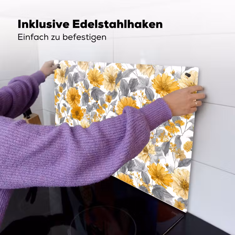 Bloemen - Botanisch - Elegant - Okergeel - Grijs Inductie beschemer met haakjes klein 777 -ky-ophangen-de